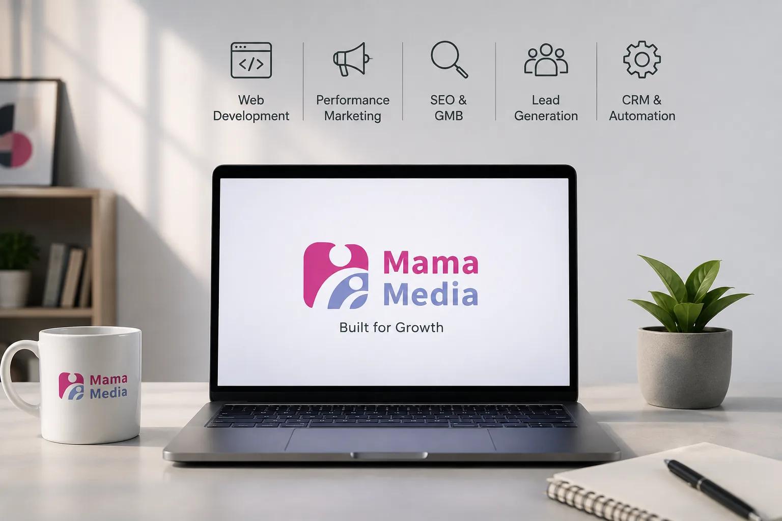A MamaMedia desk with the five services listed above it: web development, performance marketing, SEO and GMB, lead generation, CRM and automation.