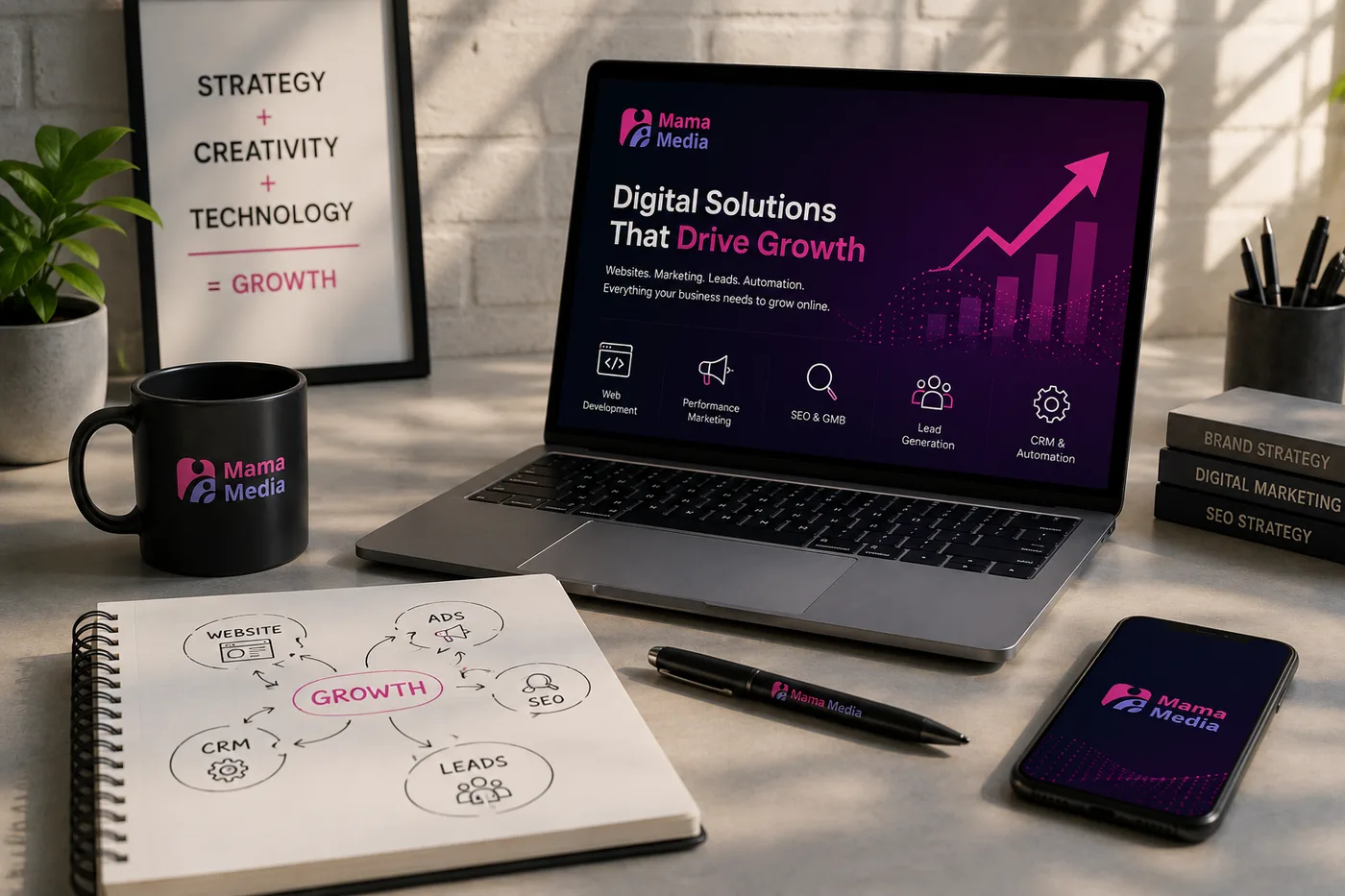 A MamaMedia workspace: the growth loop — website, ads, SEO, leads, CRM — sketched out beside a laptop showing the five services.