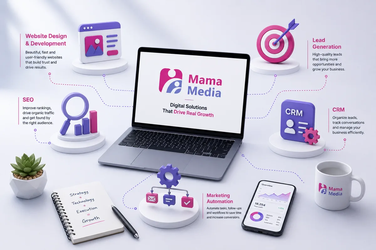 MamaMedia's five services around one laptop: website design and development, SEO, lead generation, CRM and marketing automation.