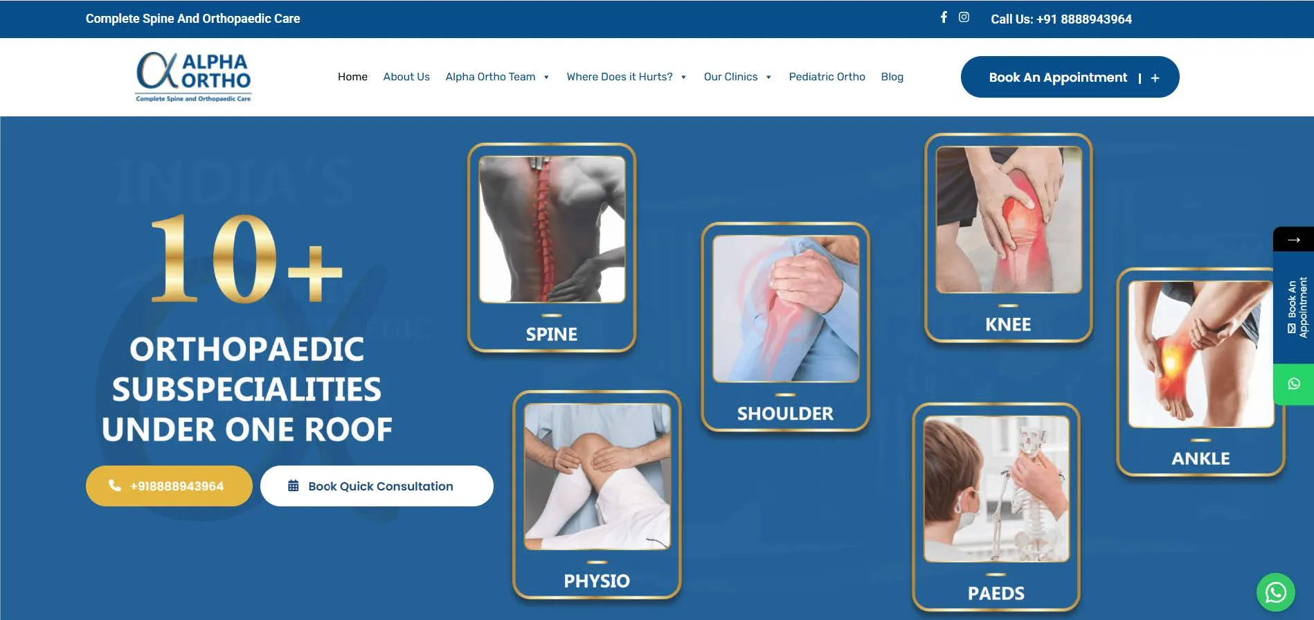 The clinic homepage, ten orthopaedic subspecialties laid out as cards above a call button and a consultation booking
