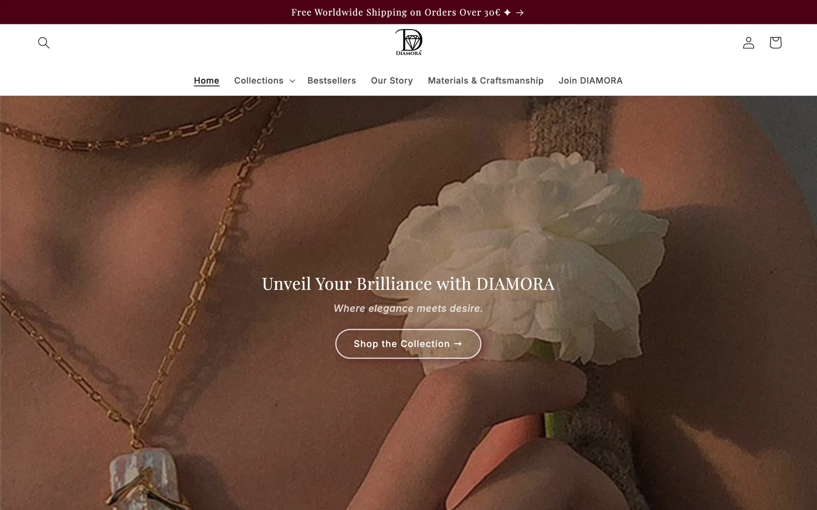 Diamora Jewelers Shopify storefront: a full-bleed jewellery hero reading 'Unveil Your Brilliance with DIAMORA' above a 'Shop the Collection' button.
