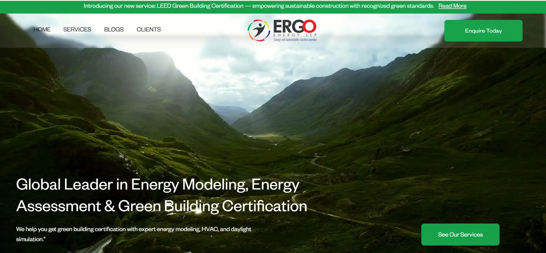 The consultancy homepage leading with energy modelling, energy assessment and LEED green building certification