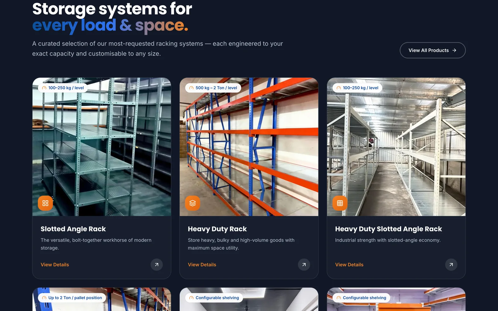 The storage systems section of the Shree Laxmi Rack Solutions site, showing racking systems as cards with load ratings and a link into each product detail page.
