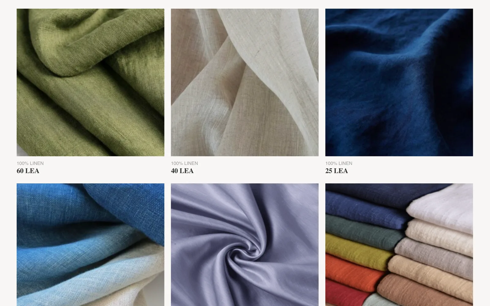 The fabric catalogue on the PRC India site, showing linen, satin and blended fabrics as a photographic grid, each labelled by composition and yarn count.