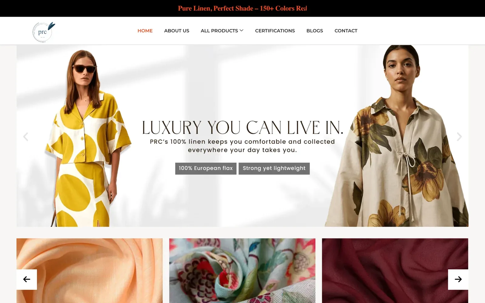 PRC India homepage: a linen fashion hero reading 'Luxury You Can Live In', with fabric category tiles beneath it.