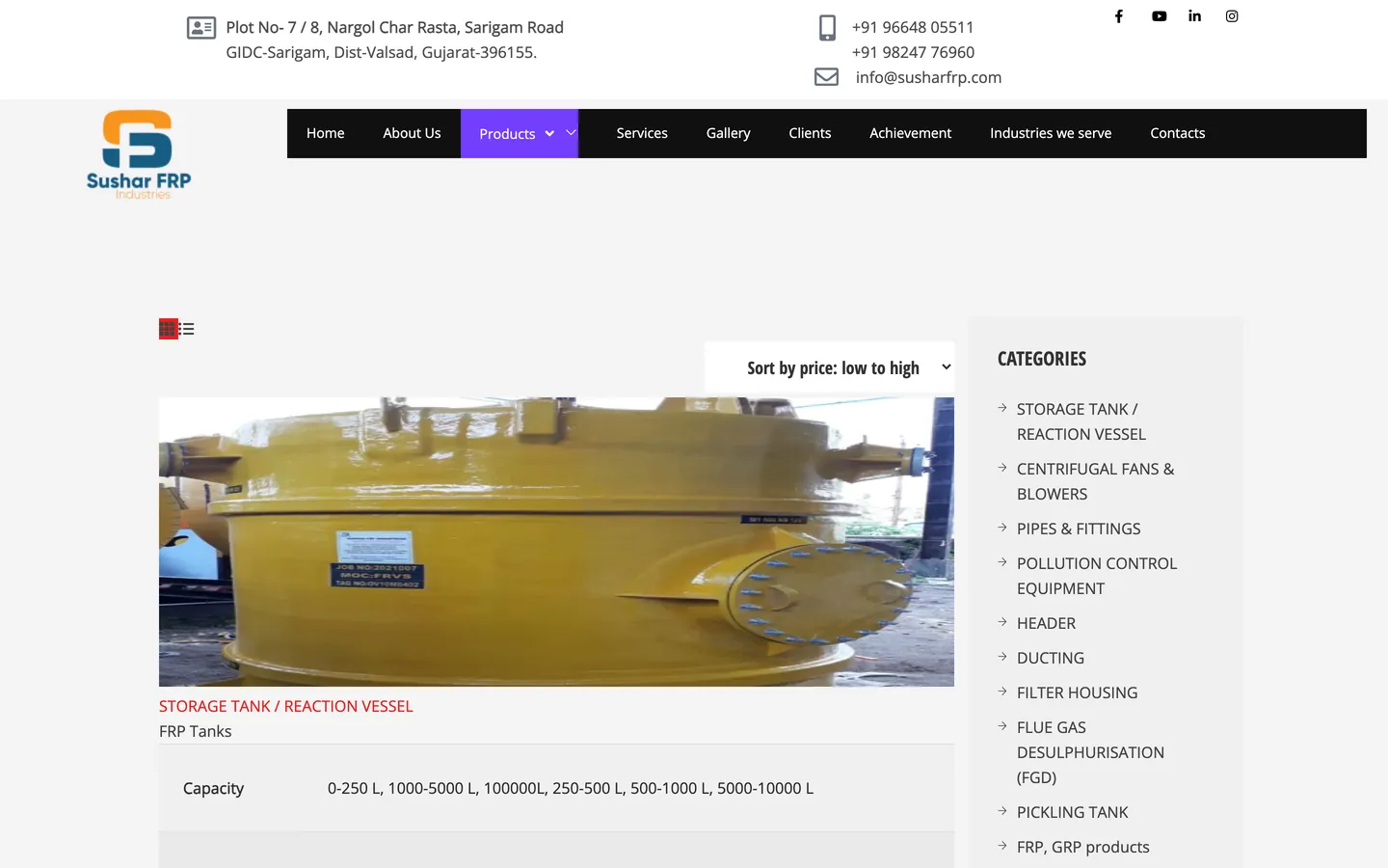 The Sushar FRP products page listing tanks, pipes and blowers